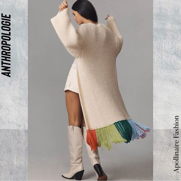 ANTHROPOLOGIE CARDI DUSTER MULTI COLORED FRINGED IN CREME NWOT OS - Picture 3 of 6